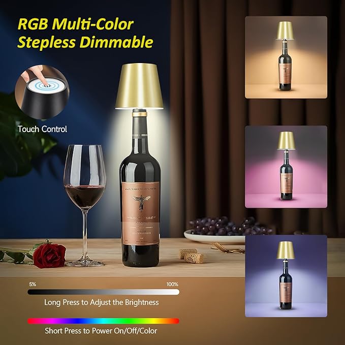 2025 New Wireless Bottle Lamp - LED Bottle Lights for Liquor & Wine Bottles, Cordless Lampshade, Whiskey Bottle Top Light, Bottle Stopper Night Light Kit, Rechargeable RGB Remote & Touch-Dimmable - Bloomnest