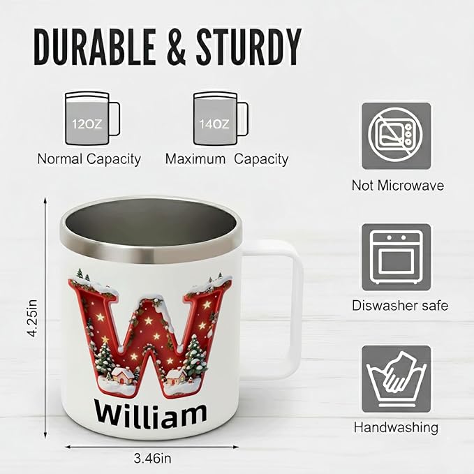 Personalized Christmas Mug | Custom Starry Night Village Initial Insulated Coffee Cup with Handle & Lid | 12oz Festive Red Holiday Tumbler, Unique Gift (B10) - Bloomnest