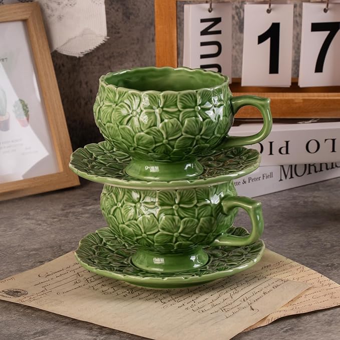 KAMMAK Tea Cups and Saucers Set of 2, Porcelain Coffee Cups, 8.5-Ounce Stackable Espresso Mugs, Ceramic Demitasse for Coffee, Latte, Americano, Tea, Green Flower - Bloomnest