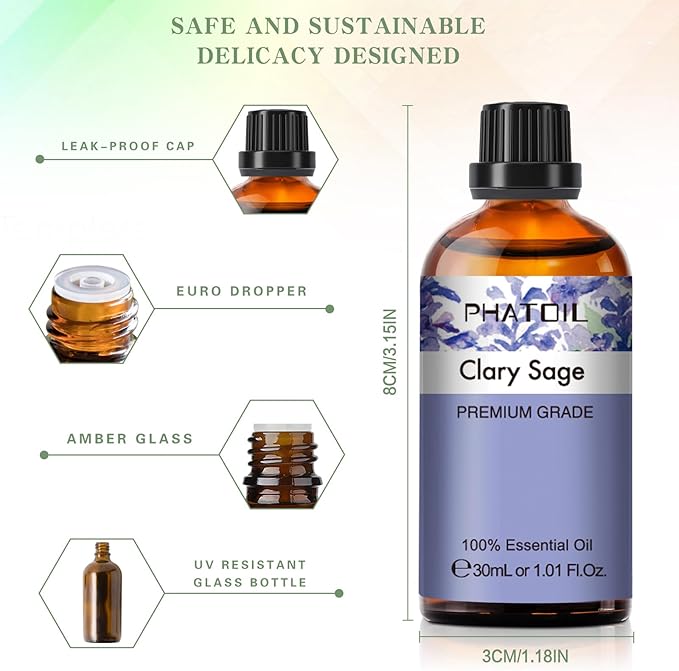 Clary Sage Essential Oil, 1.01Fl.Oz (30ML) PHATOIL Pure Essential Oil Singles for Aromatherapy Diffusers, Humidifiers, Great for DIY Candle and Soap Making, Gift for Friend PHATOIL