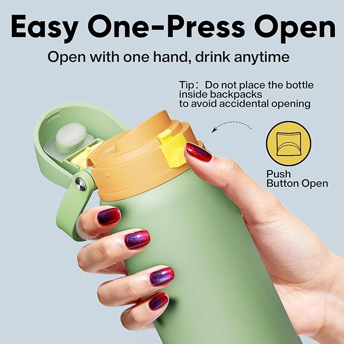 Insulated Water Bottle with Straw - Encool Stainless Steel Water Bottle with Push Button Lid, Leak-Proof & BPA-Free, Keeps Cold for 24 Hours for Sports, Travel, Gym (40 oz, Lichen-Yellow) ENCOOL