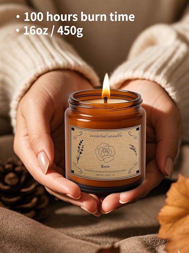 Scented Candles Gift, 16oz Large Jar Scented Candle – Rose Soy Wax Candle with 100 Hour Burn Time, Long Lasting Aromatherapy Candle for Romantic Home Fragrance, Bedroom Décor & Gift for Her/Him - Bloomnest