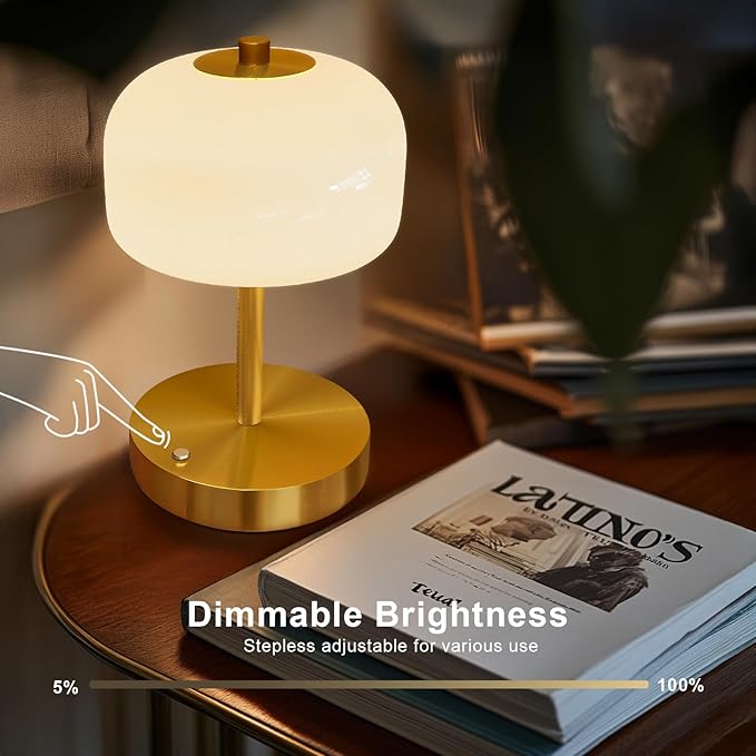 Oneach 9" Cordless Table Lamp, Gold Rechargeable Battery Operated Lamp, 3-Way Stepless Dimming Touch Lamps, Small Glass Bedside Nightstand Light for Bedroom Dining Table Living Room Shelf Decor - Bloomnest