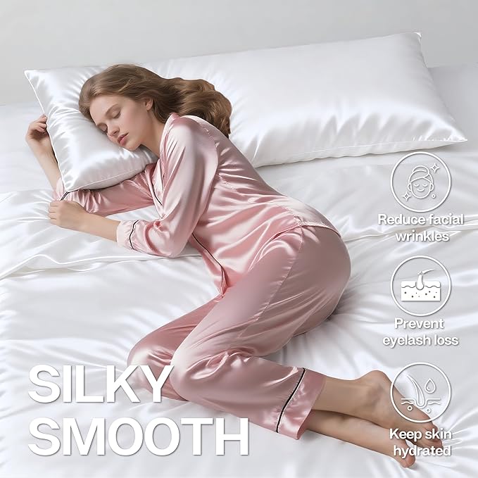 MR&HM Satin Body Pillow Cover, Soft and Breathable Body Pillow Case with Envelope Closure, Cooling and Silky Long Pillowcase for Hair and Skin,Grey (20x54, White) - Bloomnest