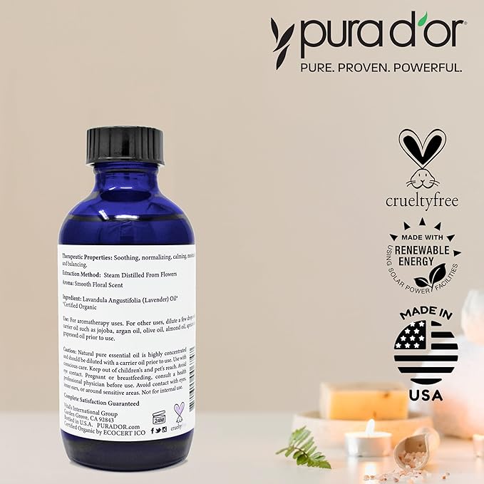 PURA D'OR Organic Lavender Essential Oil (4oz with Glass Dropper) 100% Pure & Natural Therapeutic Grade for Hair, Body, Skin, Aromatherapy Diffuser, Relaxation, Meditation, Massage, Home, DIY Soap - Bloomnest