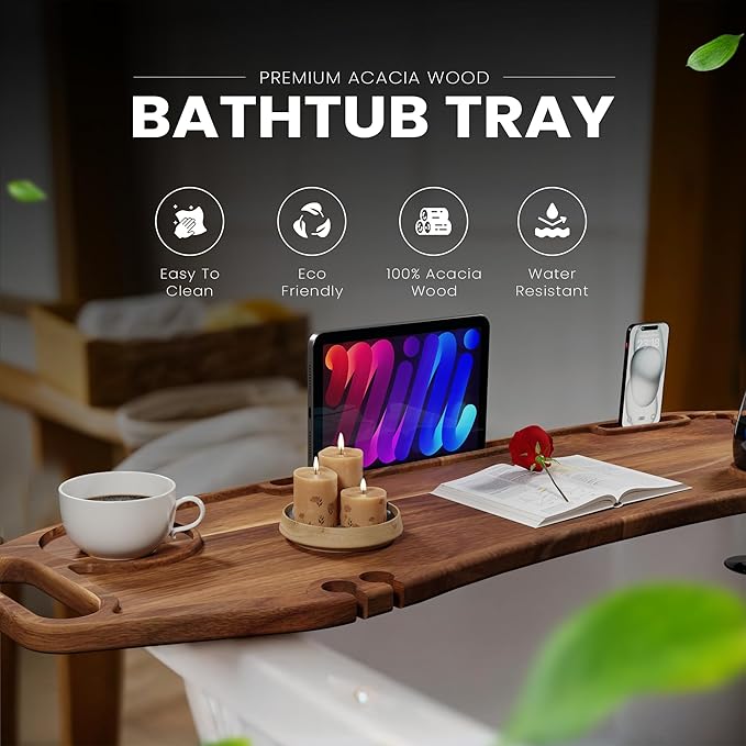 Lush & Style Premium Large Bathtub Tray Large & Thick 35x10 Inch, Acacia Wood Luxury, Waterproof, Non-Toxic, Adjustable Legs, No Tools Required,Caddy Tray, Luxury Bath Accessories,New Home Essenials - Bloomnest