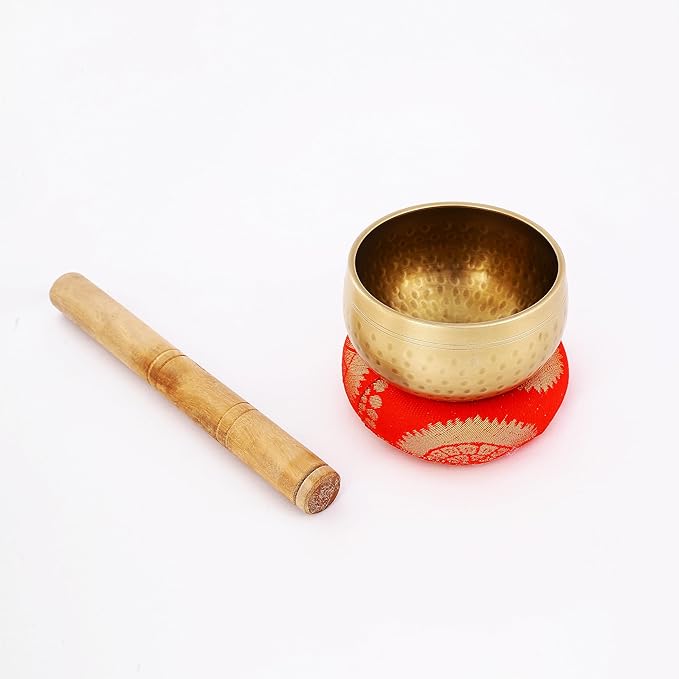 Indian Consigners Tibetan Singing Bowl Set – 3.5-Inch Medium Brass Meditation Sound Bowl with Wooden Mallet & Silk Cushion – Handmade in Nepal for Yoga, Mindfulness & Chakra Healing VisitIndianConsigners