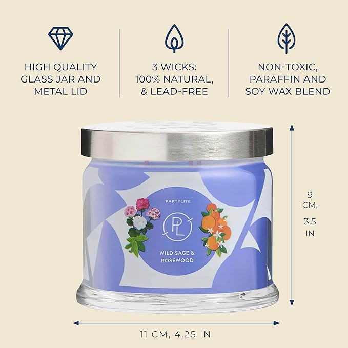 PartyLite Wild Sage & Rosewood Scented, Notes of Sage Leaf, Rosewood, Geranium Petals and Lemongrass, 13.2oz 3-Wick Jar Candle, 45 Hour Burn Time, Luxurious Fragrance, Ideal for Gifting - Bloomnest