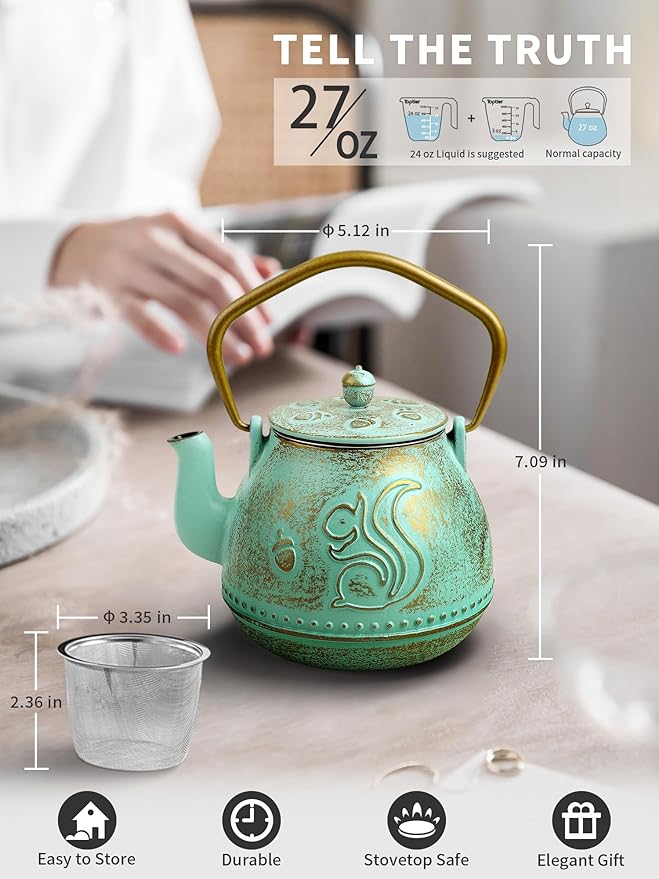 Toptier Teapot with Removable Infuser, Cast Iron Tea Kettle Stovetop Safe, Squirrel Design Tea Pot Coated with Enameled Interior for 32 Ounce (950 ml), Aqua - Bloomnest