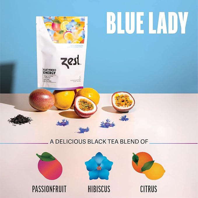 Zest Energy Tea Bags – Blue Lady Passion Fruit Black Tea – High Caffeine Tea for Morning Energy, Focus & Clarity – Natural Caffeinated Tea with 150mg Caffeine – 20Ct Pack – Non-GMO & Keto Friendly - Bloomnest