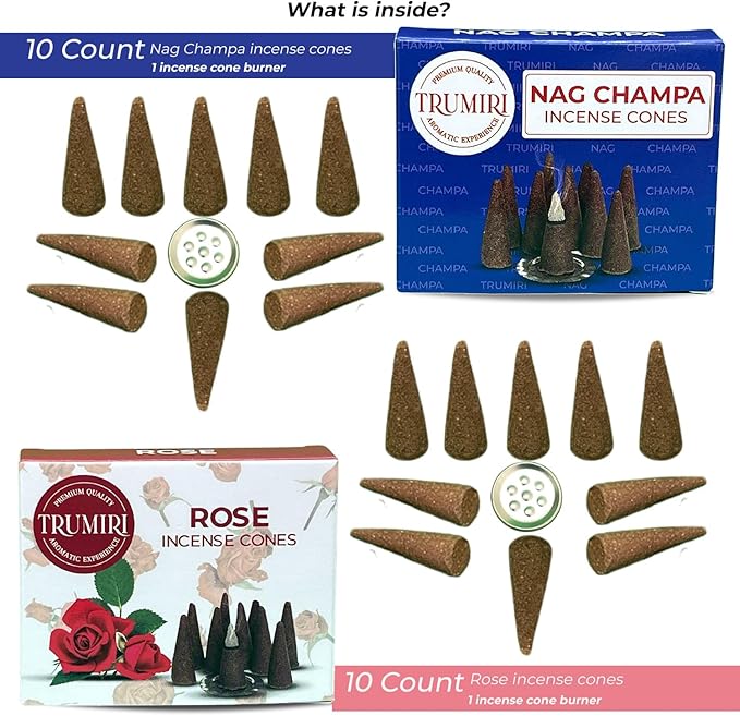 TRUMIRI Incense Cones - Combo Pack of 20 Cone Incense - Nag Champa & Rose Scents TRUMIRI