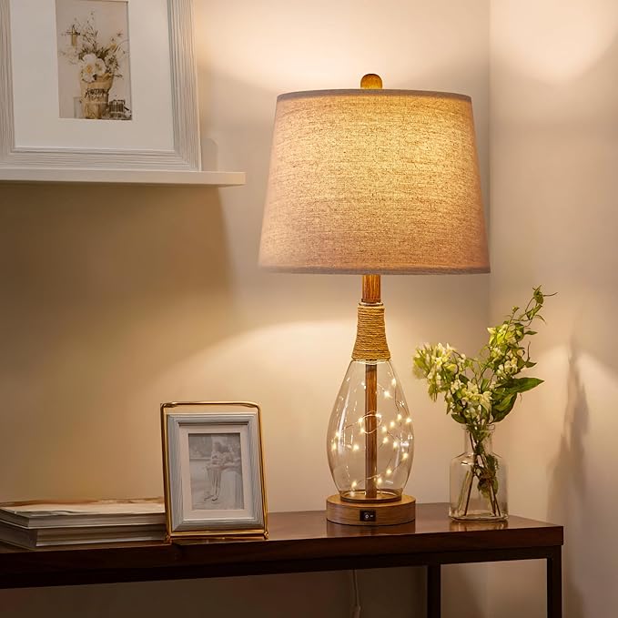 OYEARS 23" USB A+C Table Lamp for Bedroom Living Room Modern Bedside Lamps Retro Farmhouse Rattan Glass Nightstand Nightlight Lamps,Two Light Points - Bloomnest