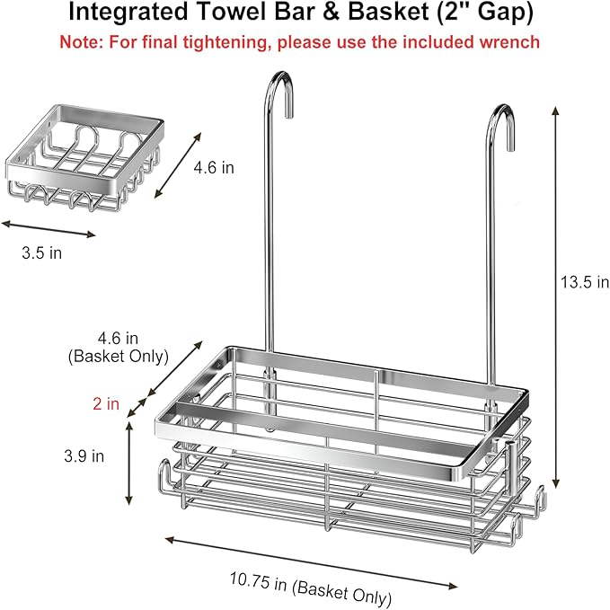 Hanging Shower Caddy, 304 Stainless Steel Shower Organizer with Towel Bar & Hooks, Over Shower Rod, Towel Bar or Glass Panel Storage Basket with Soap Holder, Rustproof Bathroom Caddy, 1 Pack - Bloomnest
