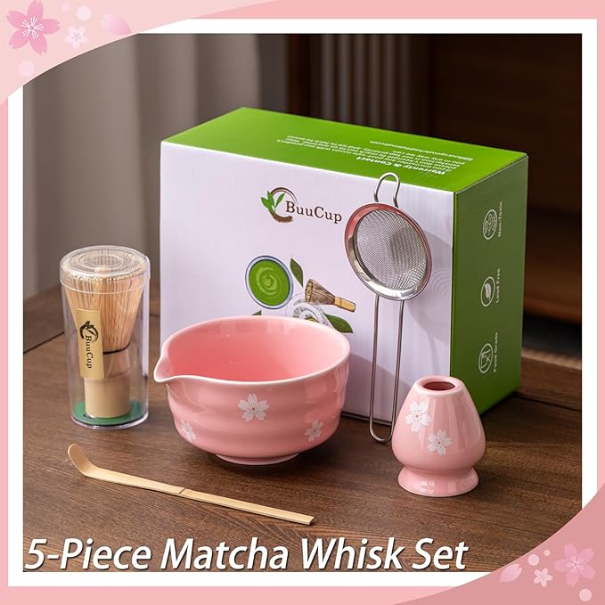Matcha Whisk Set, Matcha Bowl with Spout, Matcha Whisk and Holder, Bamboo Matcha Scoop and Stainless Sifter，Ceramic Matcha Bowl Set (Pink) - Bloomnest