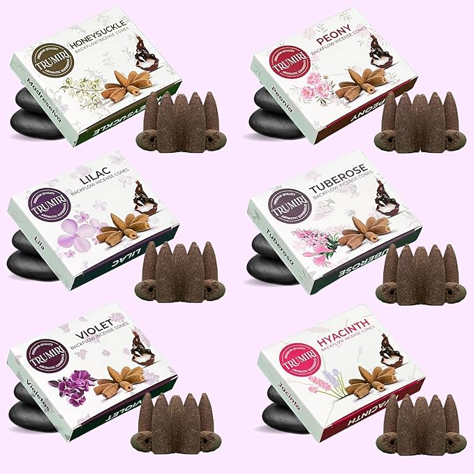 Blossom - Backflow Incense Cones for Waterfall - Scented Inscents-Cones - Peony, Lilac, Hyacinth, Tuberose, Honeysuckle, Violet - Insiensos Aromaticos - 6x10=60 Large Variety Pack TRUMIRI