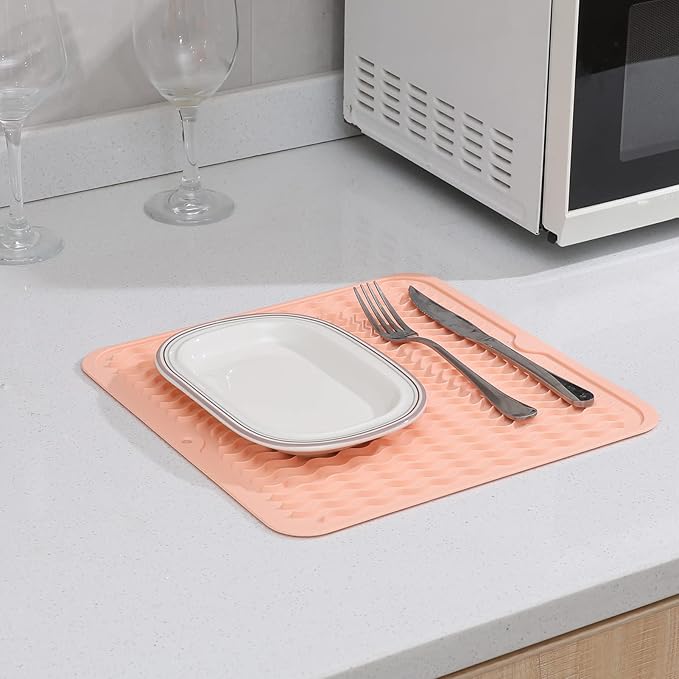 Silicone Dish Drying Mat for Multiple Usage,Easy clean,Eco-friendly,Heat-resistant Silicone Mat for Kitchen Counter or Sink,Refrigerator or Drawer liner Pink M 12 inches x 12 inches - Bloomnest