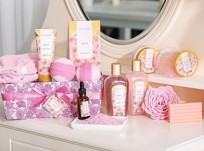 Spa Luxetique Spa Gift Baskets for Women, 12 Pcs Rose Presents Set with Bubble Bath, Bath Bombs, Body Lotion, Hand Cream, Christmas Gift Basket for Mom - Bloomnest