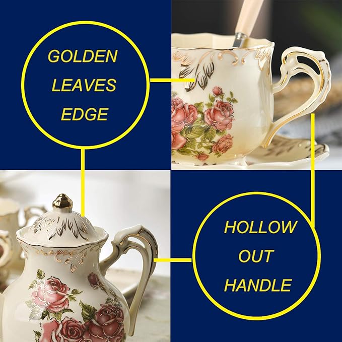 YOLIFE Porcelain Tea Set Vintage Rose, Tea Cups with Teapot, Serving Tray and Teaspoon Service for 4, Suitable for Tea Party Gifts - Bloomnest
