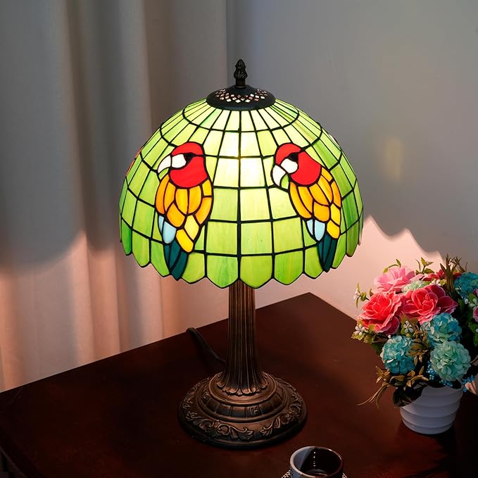Tiffany Lamp Parrot Green Bedroom Table Lamp Stained Glass Reading Bedside Light for Home Living Room Office Dormitory Dining Room Decorate 12X12X18 inch Desk Light Include LED Bulb - Bloomnest