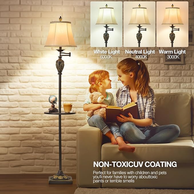 Traditional LED Floor Lamp with 350° Adjustable Swing Arm Lamp – Vintage Standing Pole lamp for Living Room, Bedroom and Office – Rustic Upright Floor Light for Home Décor with Silk Fabric Shade - Bloomnest