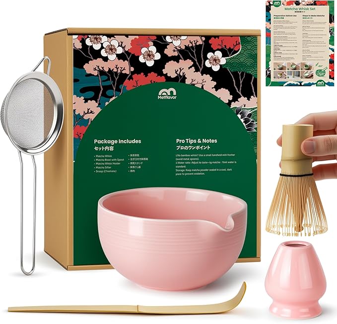 Matcha Whisk Set, Handcrafted Bamboo Chasen & Ceramic Bowl Matcha Kit,Complete 5 Pcs Pink Matcha Set Whisk and Bowl W/Stainless Steel Sifter,Bamboo Scoop & Holder for Matcha Tea Ceremony(Sakura Pink) - Bloomnest