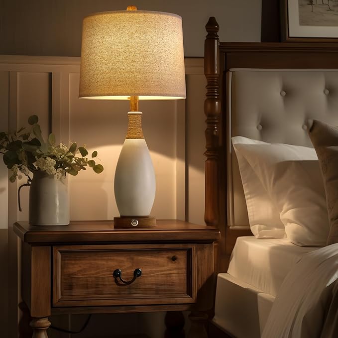 OYEARS 24.5” 3-Way Dimmable Touch Control Bedside Table Lamp Set of 2 with USB and Type-C Charging Ports Modern Farmhouse Nightstand Lamp for Bedroom Living Room (Bulb Included) - Bloomnest