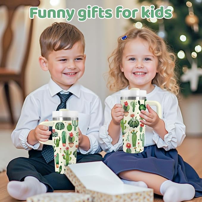 14oz Cactus Tumbler with Handle and Straw, Stainless Steel Vacuum Insulated Tumblers, Birthday Gifts for Cactus Lover, Daughter, Son, Sister - Bloomnest