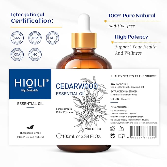 HIQILI Cedarwood Essential Oil (3.38 Fl Oz), 100% Natural Therapeutic Grade, Premium Glass Dropper, for Hair & Skin Care, Soap Making, Add to Diffusers, Sprays - Bloomnest