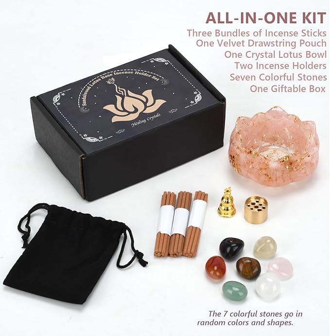 Crystal Lotus Incense Holder Set, Decorative Lotus Flower Decor Bowl 3.15x3.15x1.5 Inch, Incense Sticks Cones Holder with Ash Catcher (Pink)