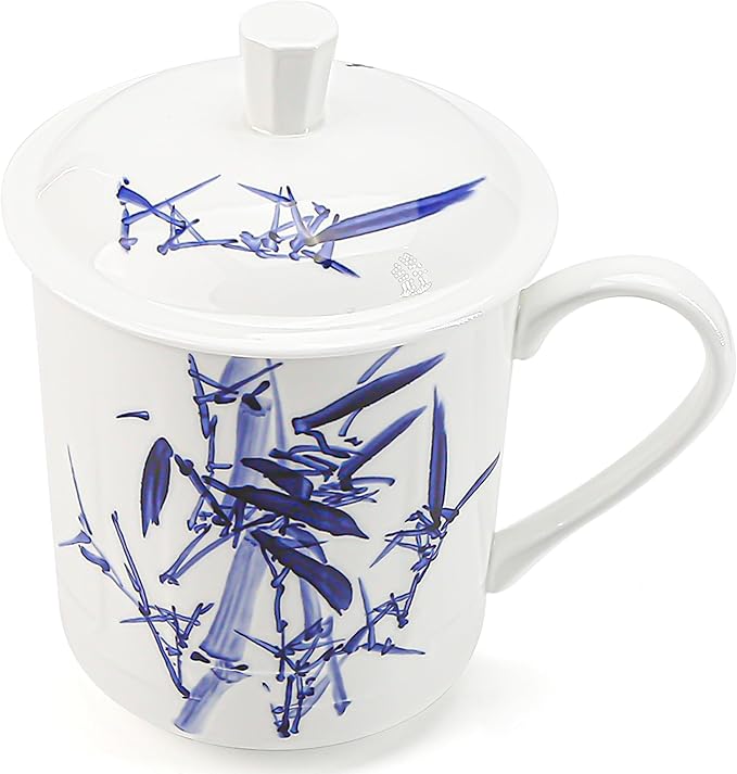 17oz 500ml Chinese Mug Bone China Coffee Teacup with Lid, Small Teapot, High Hand Blown Porcelain Covered Infuser Set for Asian Loose Leaf Gongfu Tea Blue Flower Brewing System for Office Travel Home