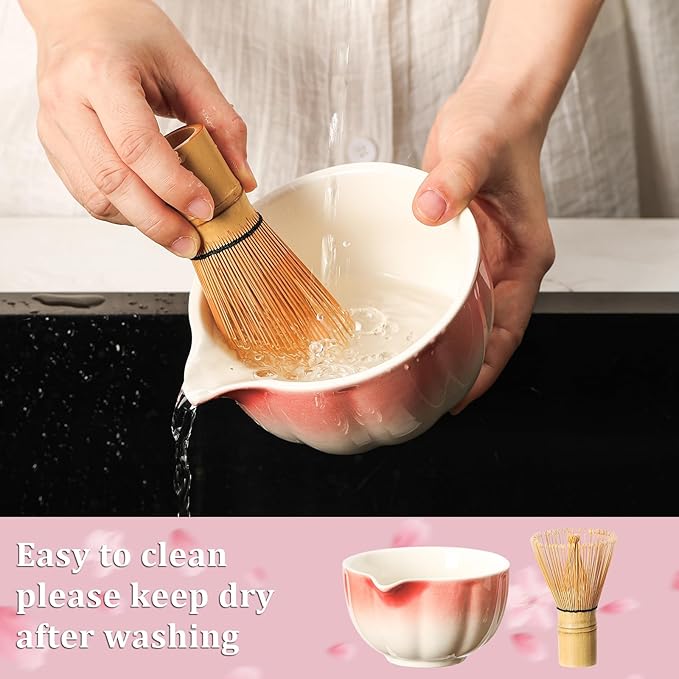 Matcha Whisk Set, 7-Pack Peach Pink Matcha Set - Include Petal Matcha Bowl with Spout, Bamboo Whisk, Chasen Holder, Sifter, Scoop, Tea Towel, Scoop Rest - Perfect Matcha Making Kit for Tea Lover - Bloomnest