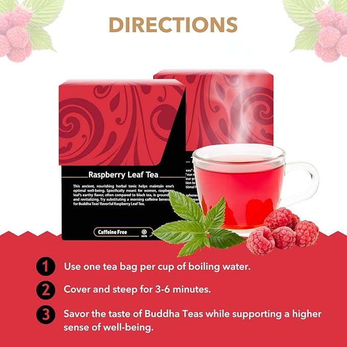 Buddha Teas - Organic Raspberry Leaf Tea - Herbal Tea - For Health & Wellbeing - With Vitamins, Antioxidants & Calcium - Clean Ingredients - Caffeine Free - OU Kosher - 18 Tea Bags (Pack of 1) - Bloomnest
