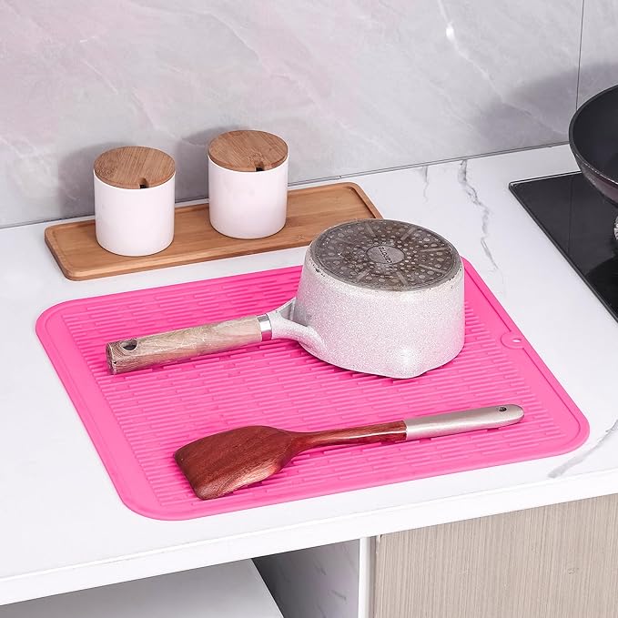 Silicone Dish Drying Mat for Multiple Usage,Easy clean,Eco-friendly,Heat-resistant Silicone Mat for Kitchen Counter or Sink,Refrigerator or Drawer Liner Rose XL 18 inches x 16 inches - Bloomnest
