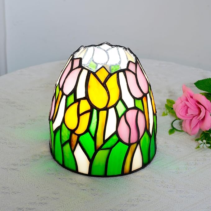 Tiffany Lamp Pink Yellow Tulips Small Stained Glass Table Light Retro Unique Nightstand Bedside Light for Home Decor Bedroom Living Room Boys Girls Christmas Gifts - Bloomnest