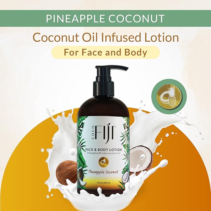 Coco Fiji Face & Body Lotion Infused With Coconut Oil | Lotion for Dry Skin | Moisturizer Face Cream & Massage Lotion for Women & Men | Pineapple Coconut 12 oz, Pack of 3 - Bloomnest