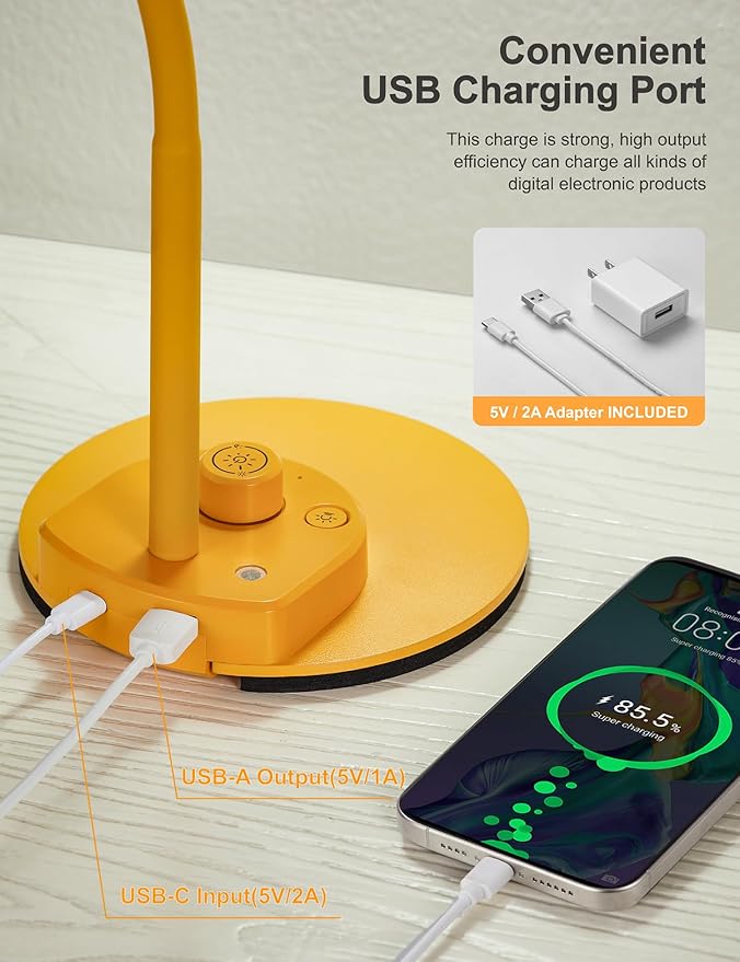 BOHON LED Desk Lamp with USB Charging Port, 3 Color Modes Fully Dimmable Reading Lamp, Auto Dimming Task Lamp, Flexible Gooseneck Table Light for Home Office Dorm Bedside, Bright Yellow - Bloomnest