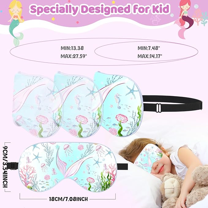 2 Pcs Sleep Mask for Kids Girls, Silk Eye Covers for Sleeping, Adjustable Strap & Light Blocking Design, Children's Bedtime Blindfold for Travel and Home Use (Mermaid) - Bloomnest