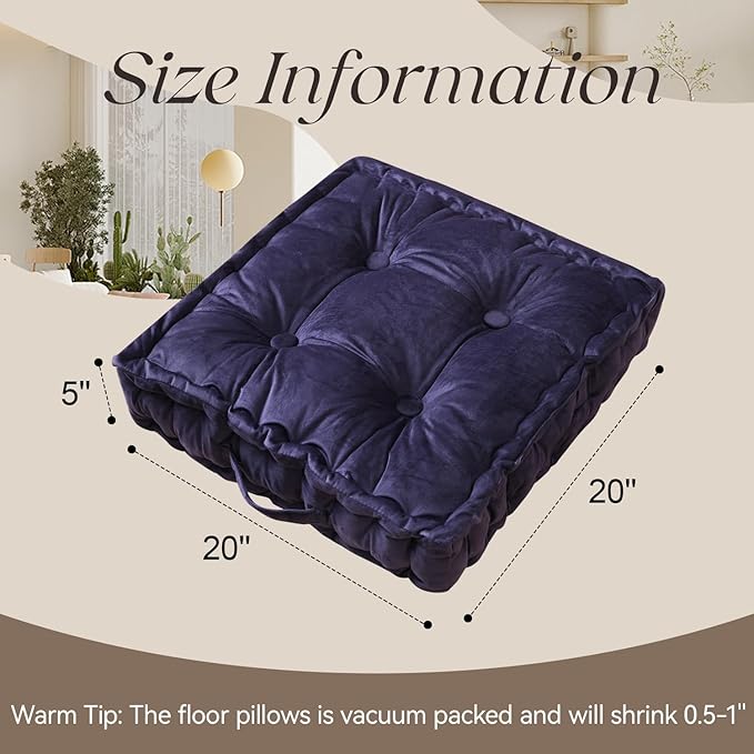 Square Floor Pillows, Large Floor Cushion for Adults Kids, Meditation Floor Pillow Seating Cushion with Shredded Memory Foam and Silk Wadding, 20"x20"x5" Navy - Bloomnest