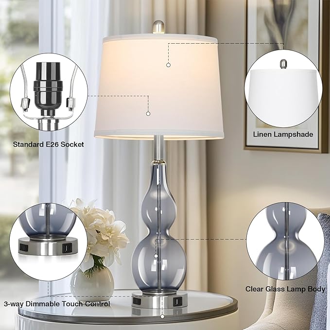27.5" Gray Clear Glass Table Lamp Set of 2,3-Way Dimmable Touch Control Bedside Lamps with USB Ports and AC Outlet, Modern Nightstand Lamps for Bedroom Living Room - Bloomnest