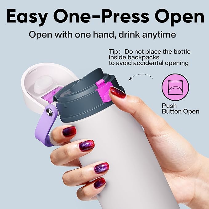 Insulated Water Bottle with Straw - Encool Stainless Steel Water Bottle with Push Button Lid, Leak-Proof & BPA-Free, Keeps Cold for 24 Hours for Sports, Travel, Gym (18 oz, Oyster Pink) ENCOOL