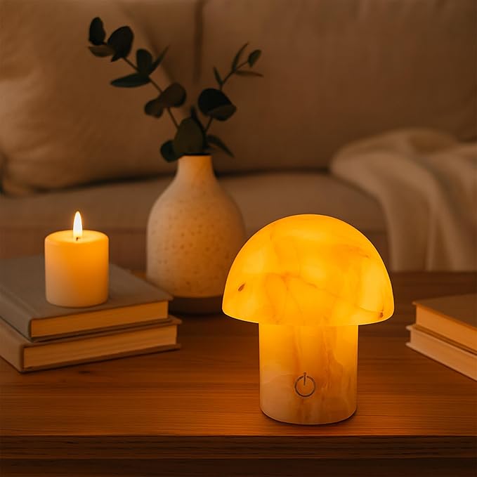 Marble Touch Table Lamp 4.3" x 4.7" – Natural Onyx Mushroom LED Night Light, Rechargeable Soft Glow Stone Bedside Lamp for Meditation, Yoga, Bedroom, Entryway Decor - Bloomnest