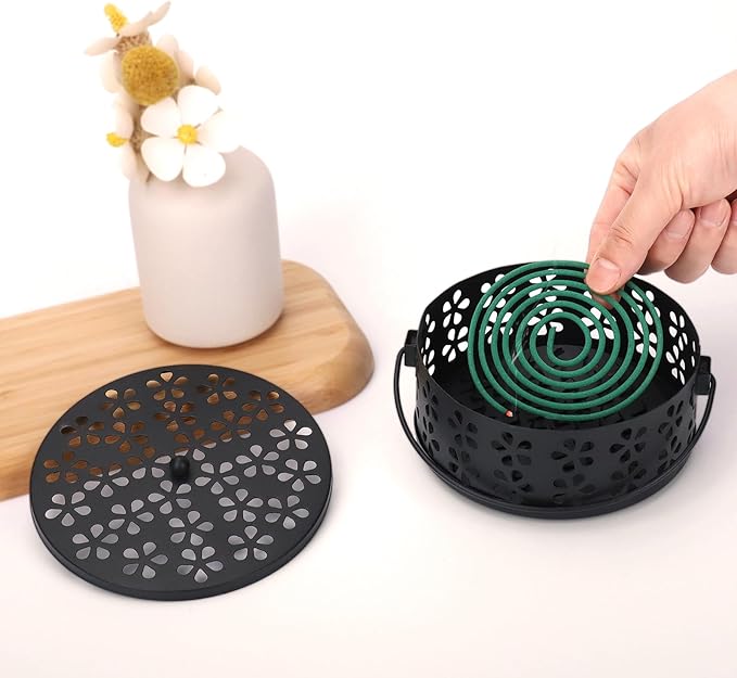 Mosquito Coil Holder 2 Pack Citronella Incense Coil Holder Outdoor Steel Round Mosquito Coil Burner Tray with Handle and Lid (Black/Bronze) - Bloomnest