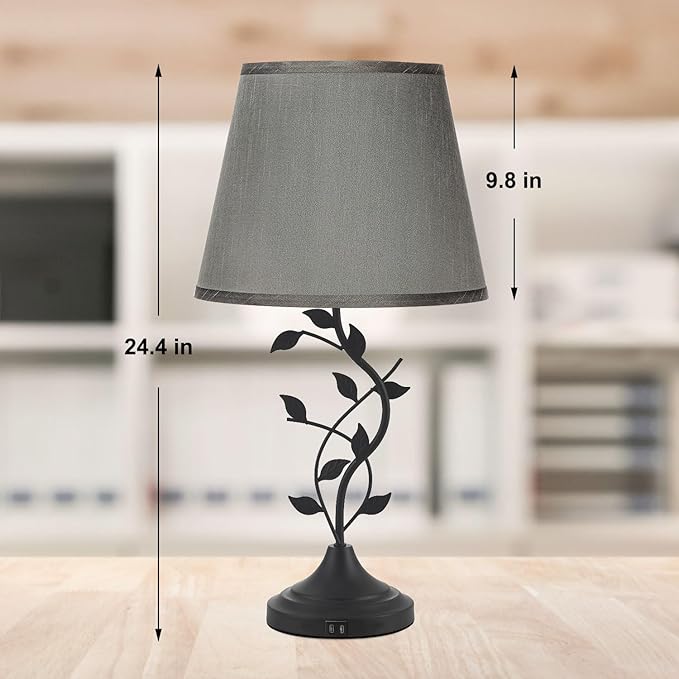 Kakanuo Table Bedside Lamp with USB C Charging Port, Grey Traditional Nightstand Lamp for Living Room, Desk Lamp Large Retro Table Lamp for Bedroom - Bloomnest