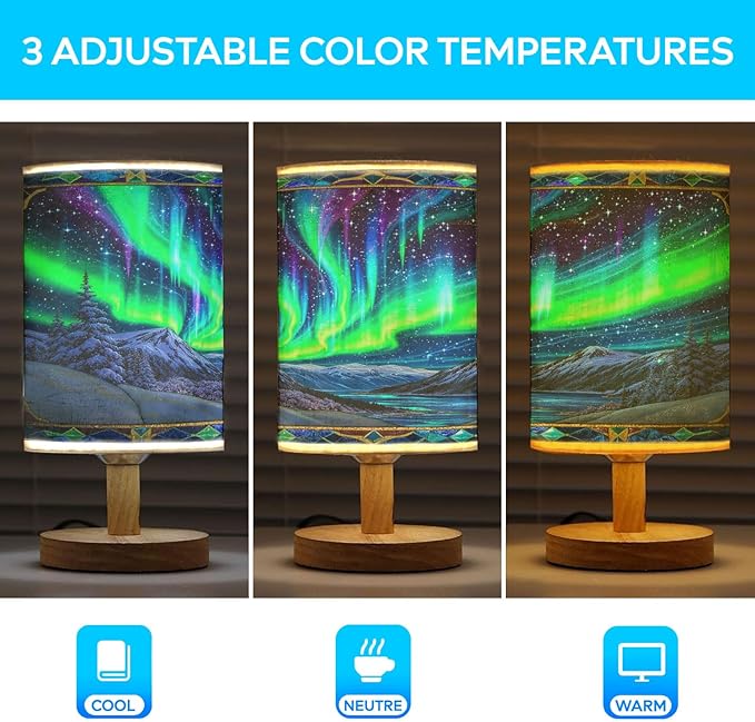 Northern Lights Table Lamp LED 3-Color Pressed Bedside for Merry Christmas, Northern Lights Shade Christmas Table Lamp with Wood Base for Bedroom Living Room Desk Office - Bloomnest