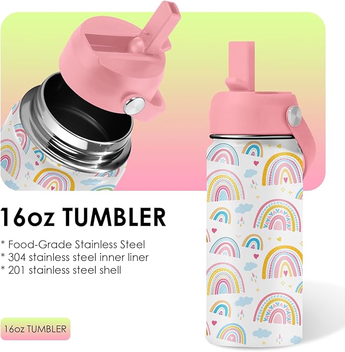16oz Rainbow Tumbler Cup with Handle and Straw - Pink Stainless Steel Water Bottle for Women Men - Insulated Double Wall Travel Mug, Sweatproof, Non-Slip Base - Birthday Gift Ideas - Bloomnest