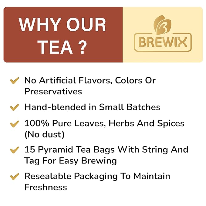 BREWIX, Chocolate Rooibos Herbal Tea (15 Pyramid Tea Bags) | Rich Red Tea with Cocoa, Cinnamon & Mint | Naturally Caffeine-Free | Dessert-Inspired Wellness Blend | Soothing Red Tea for Evening Comfort - Bloomnest