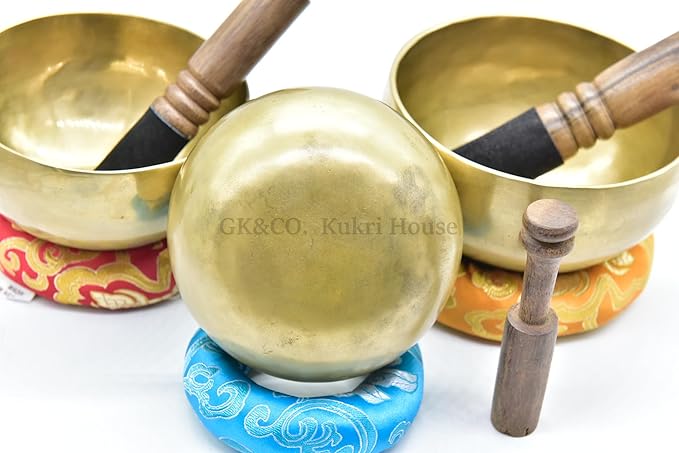 Chakra Healing Tibetan Singing Bowls Set of 3 pieces ~ Hand Hammered Himalayan Yoga Meditation Bowls - 4.5" to 5.5" - included 3 Mallets, and 3 cushions. Handmade in Nepal GKCOKukriHouse