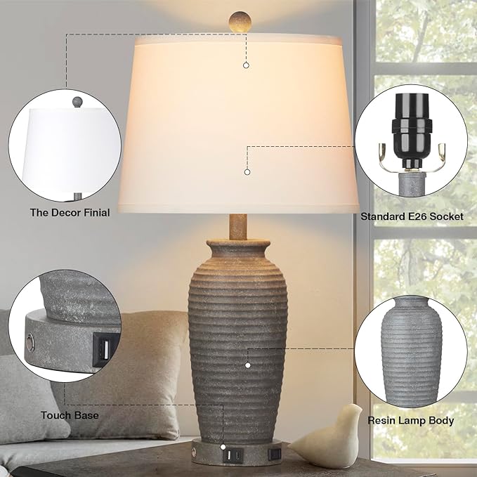 25" Farmhouse Jar Table Lamps Set of 2, 3 Way Touch Control Rustic Bedside Lamps with USB A+C Ports & AC Outlet, Pot Nightstand Lamps for Bedroom Living Room (LED Bulbs Included) - Bloomnest
