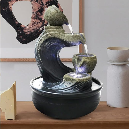 Indoor Tabletop Water Fountains and Calming Water Sound Relaxation Desktop Waterfall Fountain with LED Lights，The for Office, Room Decoration, Portable Feng Shui Fountain Indoor