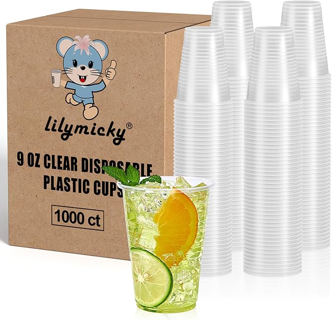 Lilymicky 1000 PACK 9 oz Clear Plastic Cups, 9 Ounce Disposable Drinking Cups for Birthday Parties, Picnics, Ceremonies, and any Events - Bloomnest